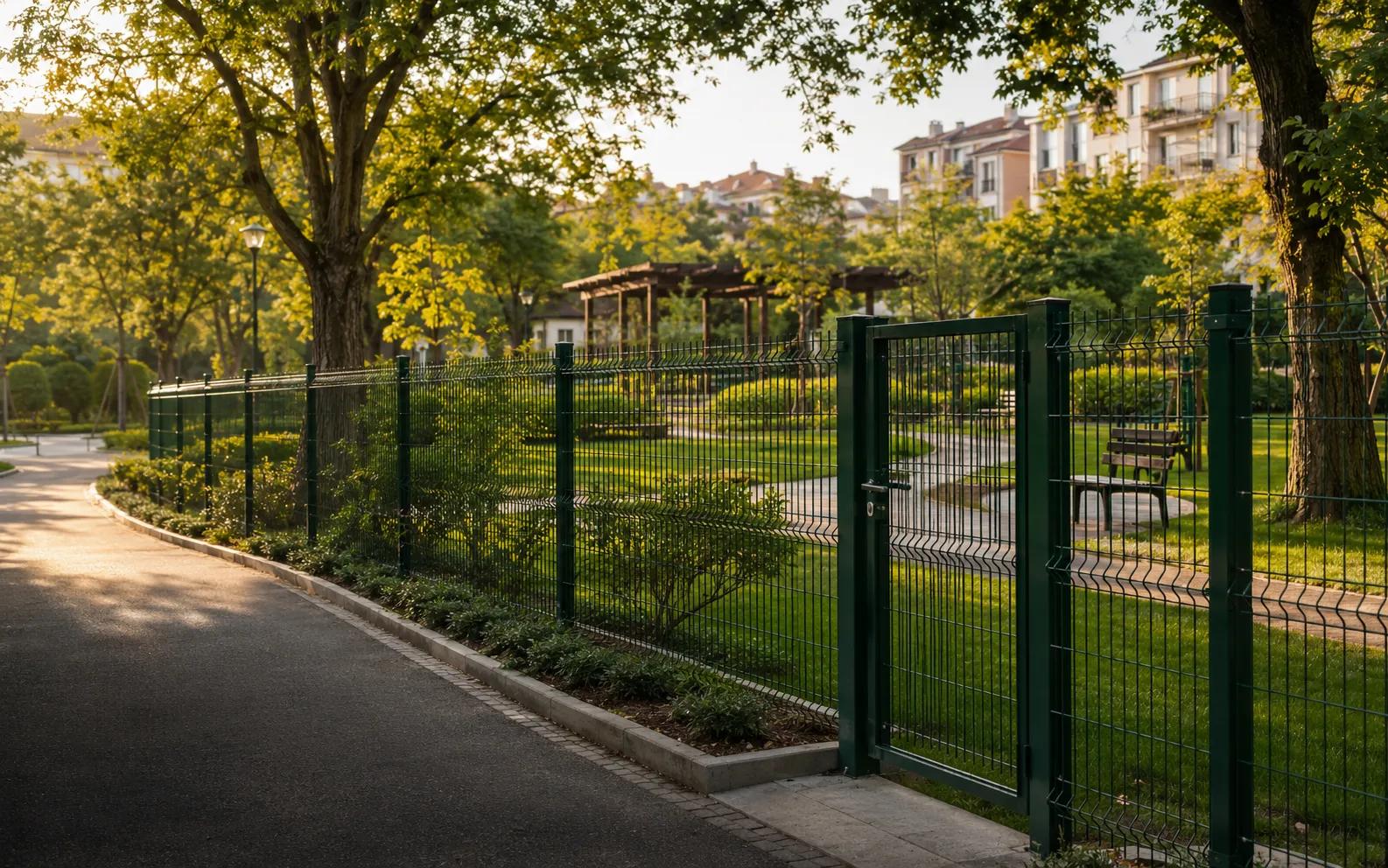 Green 3D fence with a gate beside a residential park path