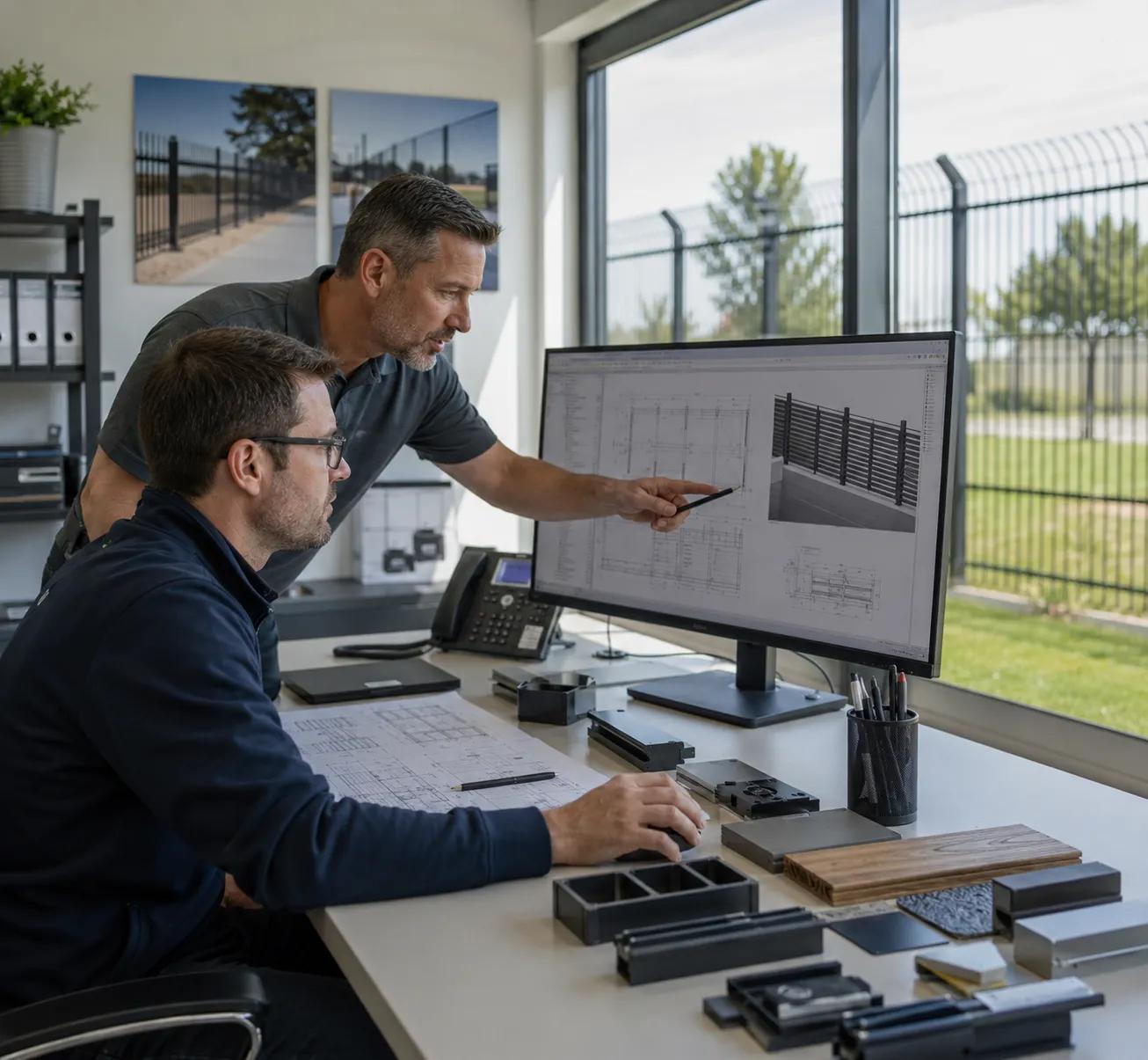 Two engineers reviewing a fencing project at a workstation