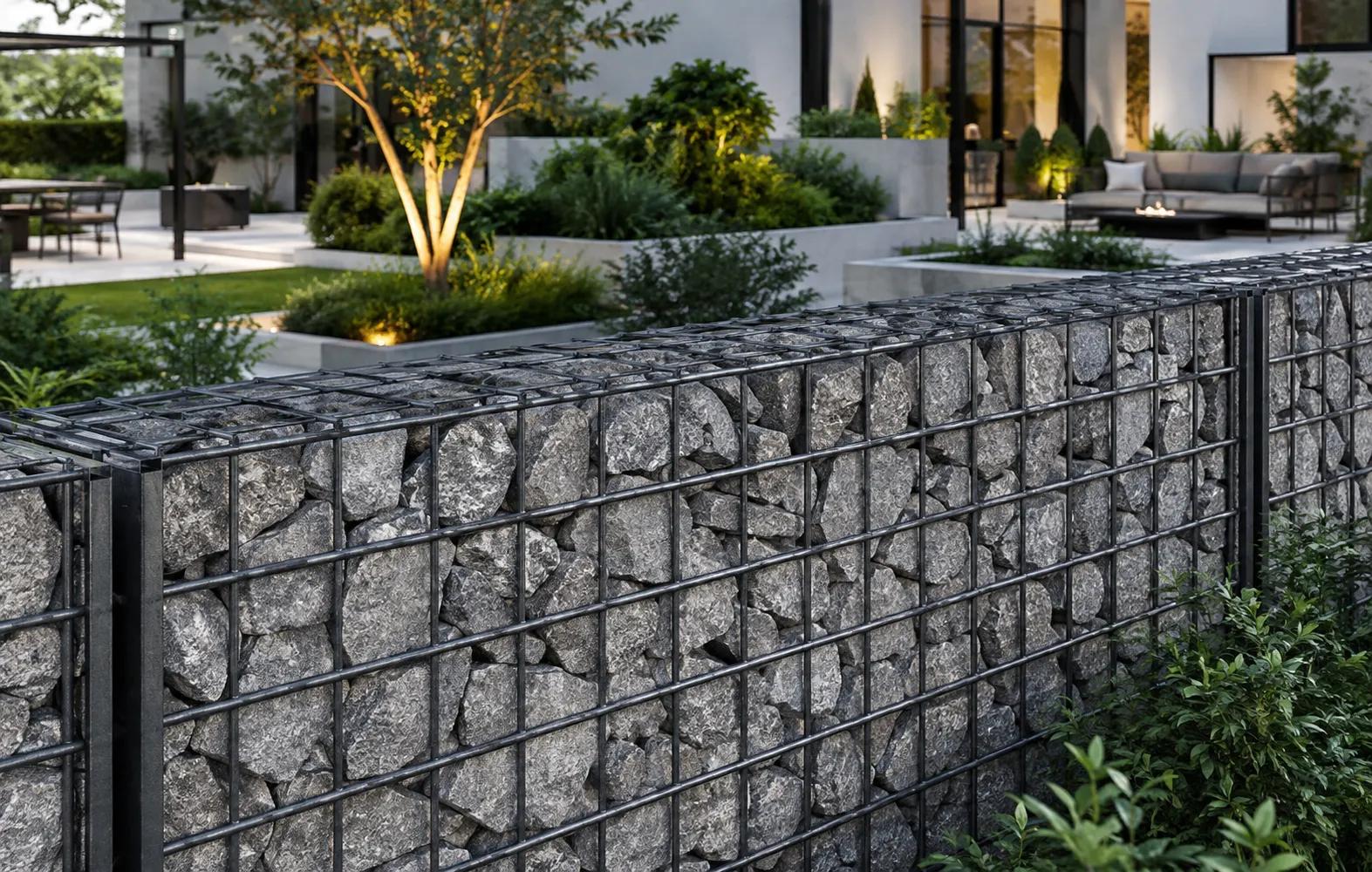 Gabion box wall integrated into a modern residential landscape