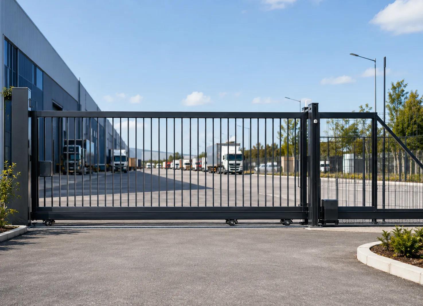 Track sliding gate across a modern industrial entrance