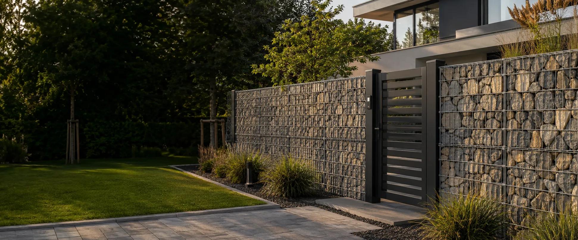 Welded gabion wall with a matching pedestrian gate in a landscaped home garden
