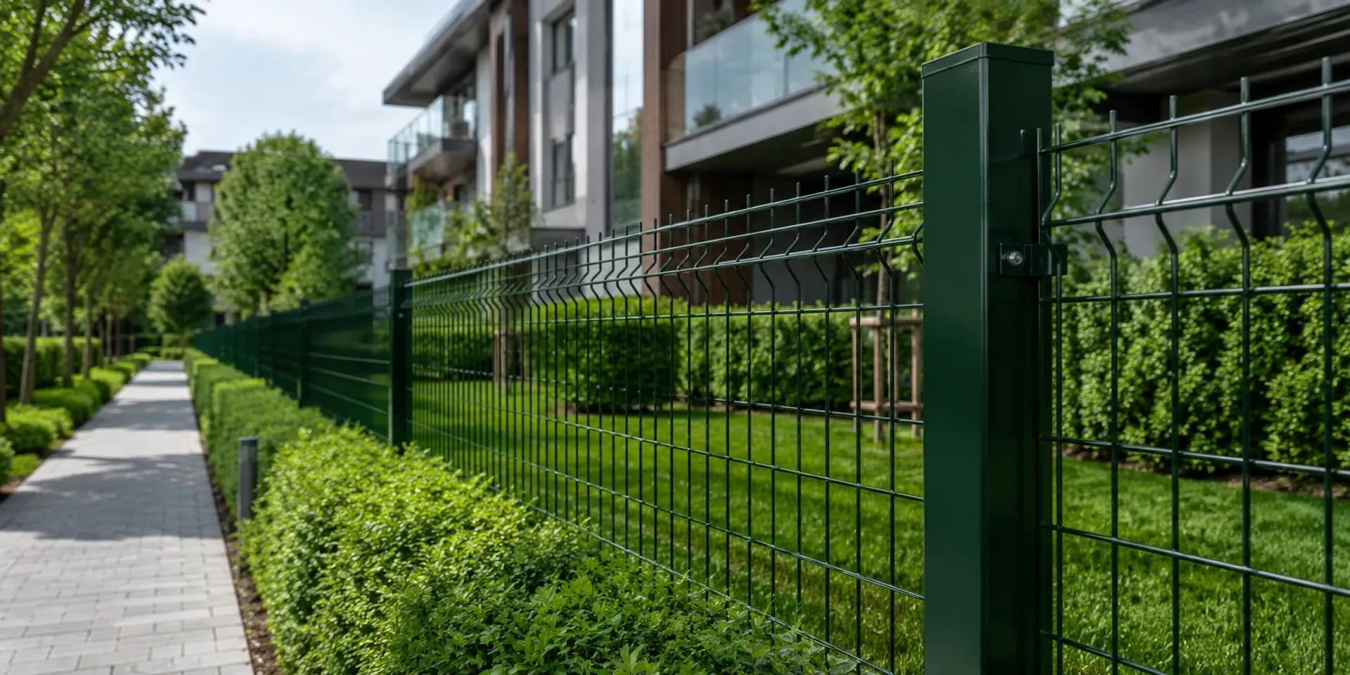 Green residential welded mesh fence beside a landscaped property