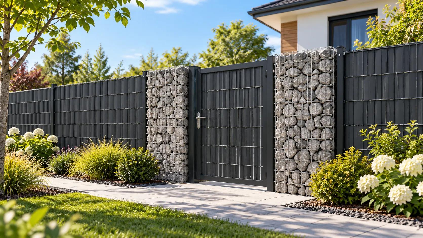 Welded Gabion Wall + Privacy Fence + Pedestrian Single Gate System